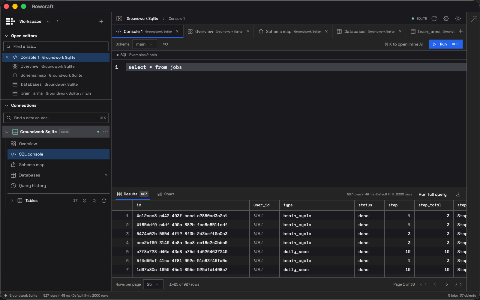 Rowcraft desktop app showing the database explorer, a SQL console querying the jobs table, and a results grid.